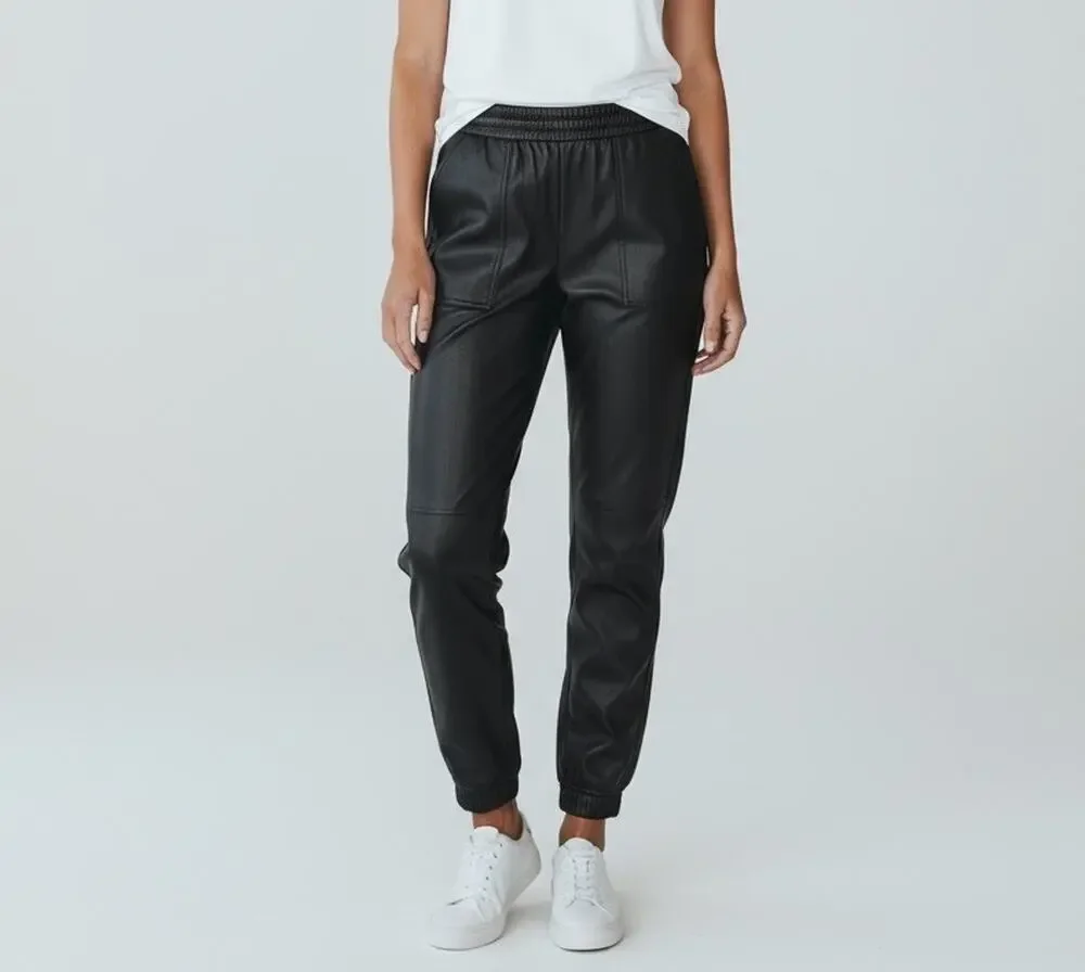 Spanx Leather Like Jogger Black Pull On Pants Faux Vegan Pockets Size Small